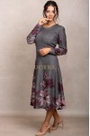 Rochie Andrada din tricot gri inchis cu imprimeu floral, maneca lunga si catarama in talie